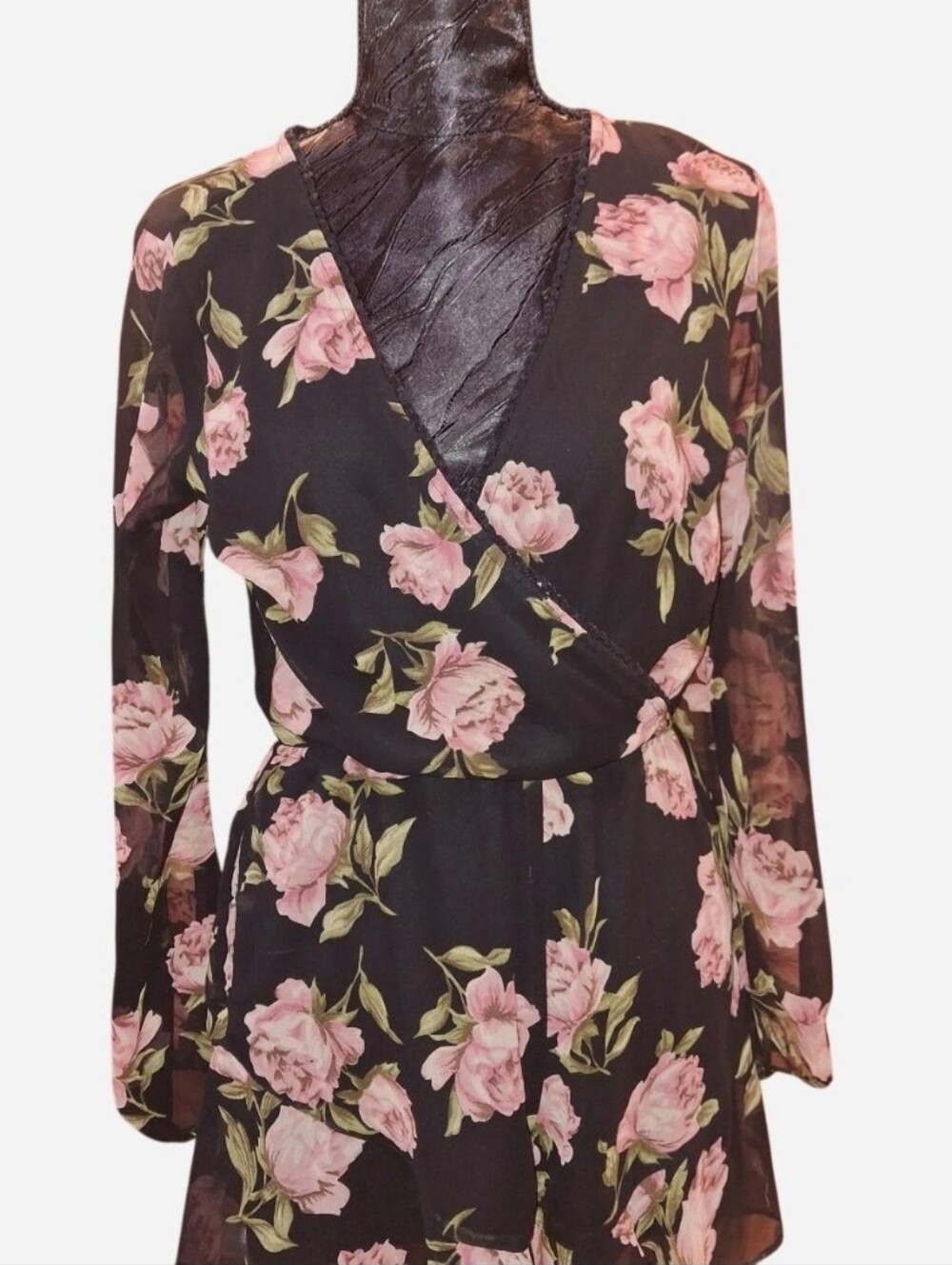 Band of Gypsies Black Floral Wrap Romper with Pink Roses